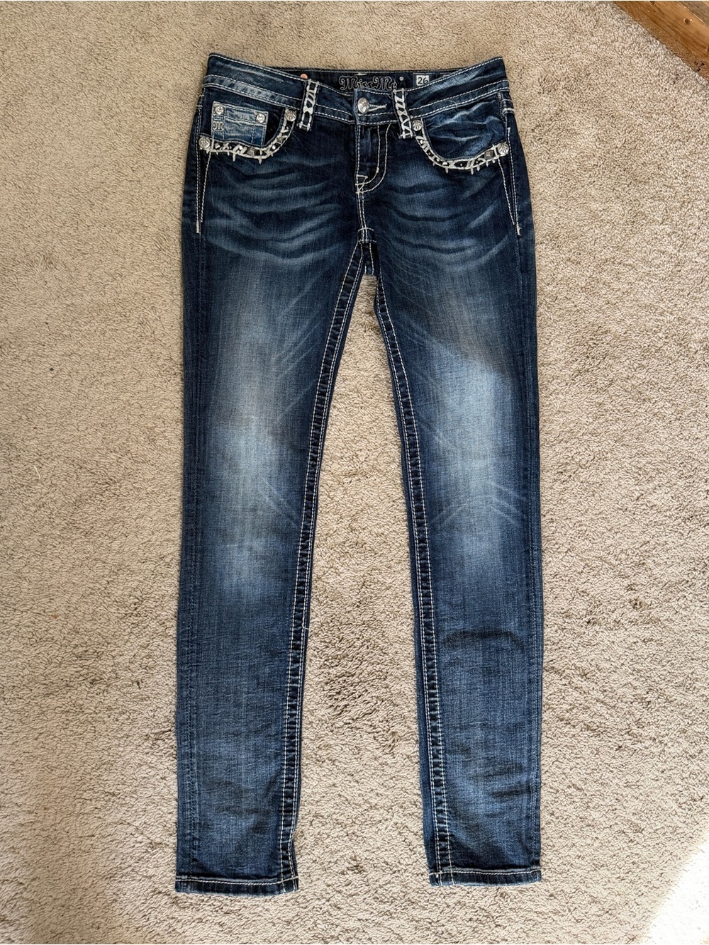 Miss Me Blue Jeans size 26 Skinny Y2k Embellished Rhinestone Distressed Pockets - Picture 10 of 10